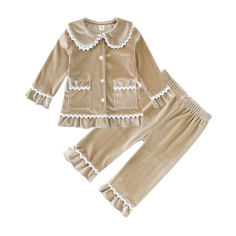 Lace Velvet Long Sleeves Nightgown Set