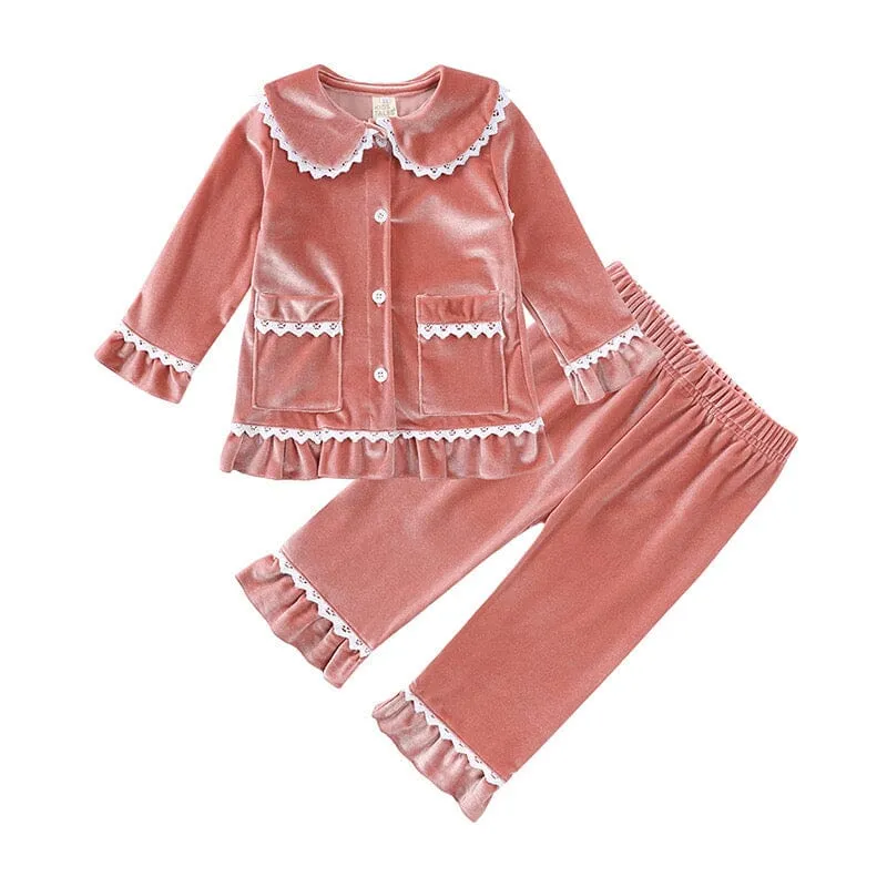 Lace Velvet Long Sleeves Nightgown Set