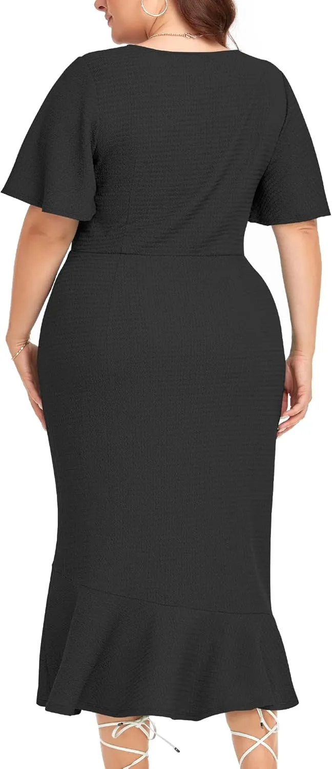 LALAGEN Plus Size Dress for Women Modest Short Sleeve Ruched Bodycon Mermaid Cocktail Midi Dresses 1X-6X