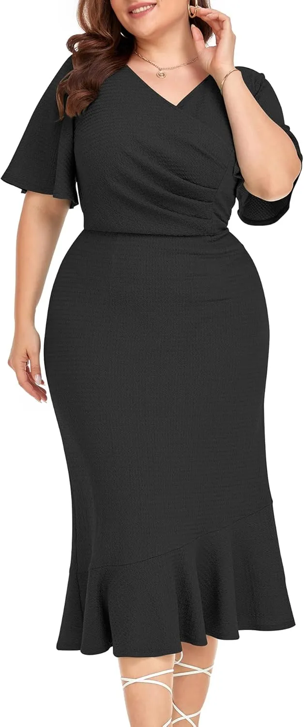 LALAGEN Plus Size Dress for Women Modest Short Sleeve Ruched Bodycon Mermaid Cocktail Midi Dresses 1X-6X