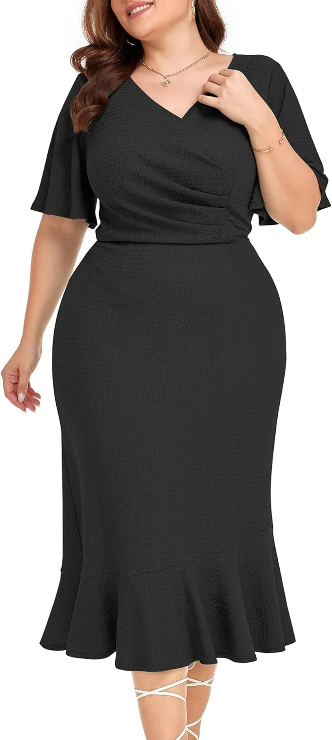 LALAGEN Plus Size Dress for Women Modest Short Sleeve Ruched Bodycon Mermaid Cocktail Midi Dresses 1X-6X
