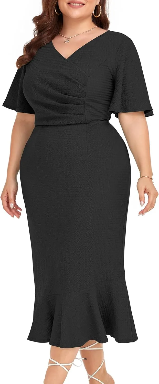LALAGEN Plus Size Dress for Women Modest Short Sleeve Ruched Bodycon Mermaid Cocktail Midi Dresses 1X-6X