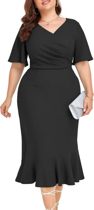 LALAGEN Plus Size Dress for Women Modest Short Sleeve Ruched Bodycon Mermaid Cocktail Midi Dresses 1X-6X