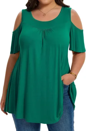LARACE Plus Size Cold Shoulder Tops for Women Short Sleeve Tunics Shirts Loose Summer Clothes Blouses to Wear with Leggings