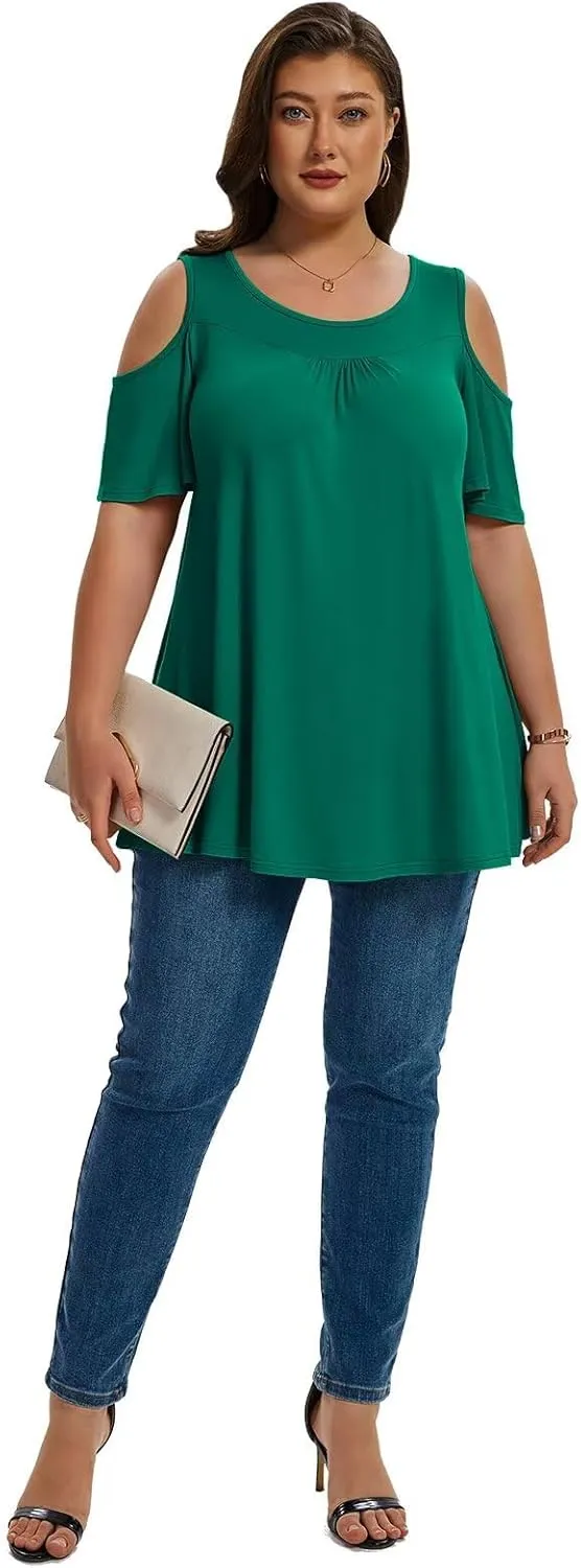 LARACE Plus Size Cold Shoulder Tops for Women Short Sleeve Tunics Shirts Loose Summer Clothes Blouses to Wear with Leggings