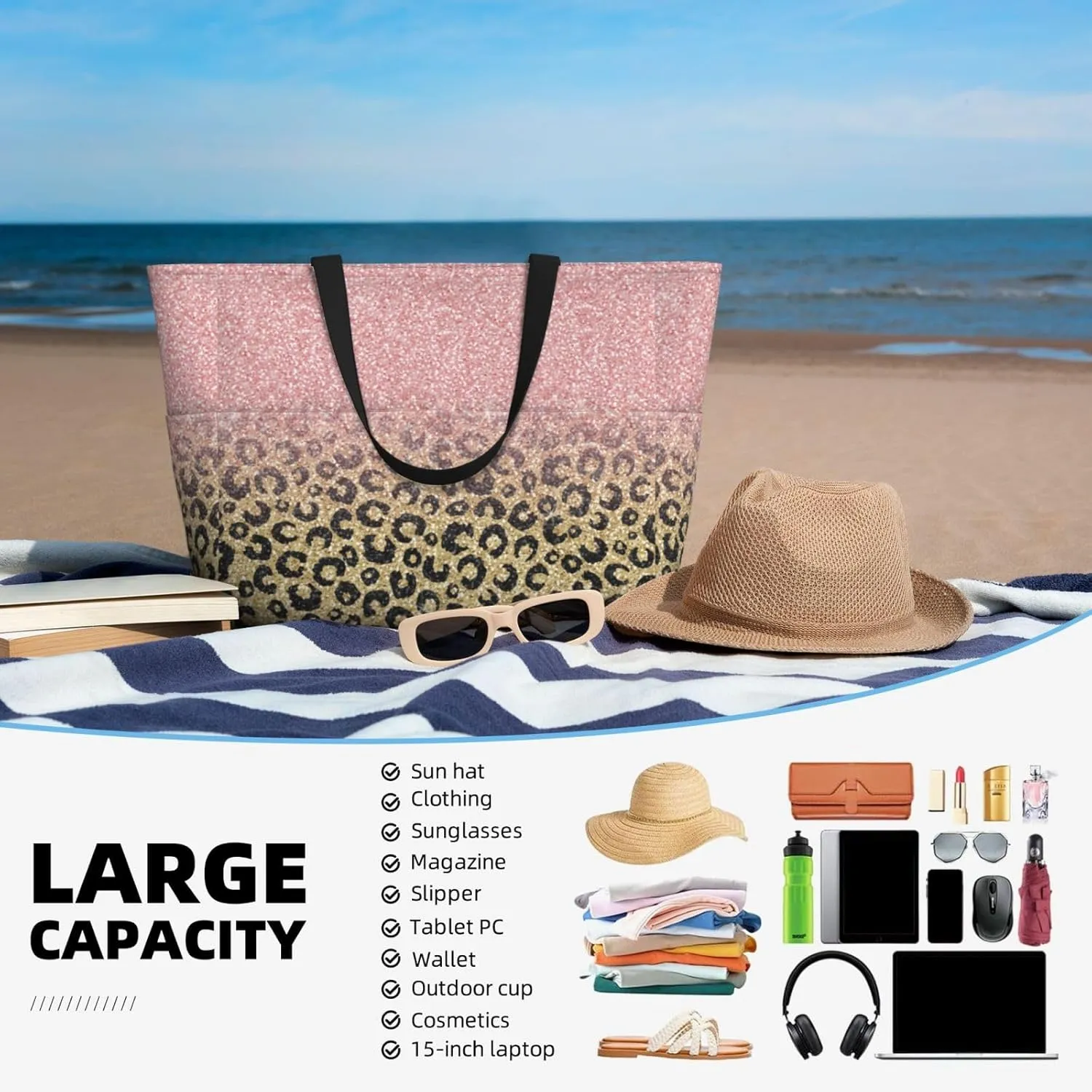 Large Beach Bag For Women Waterproof Foldable Travel Shoulder Tote Bag With Pocket For Weekender Pool Vacation