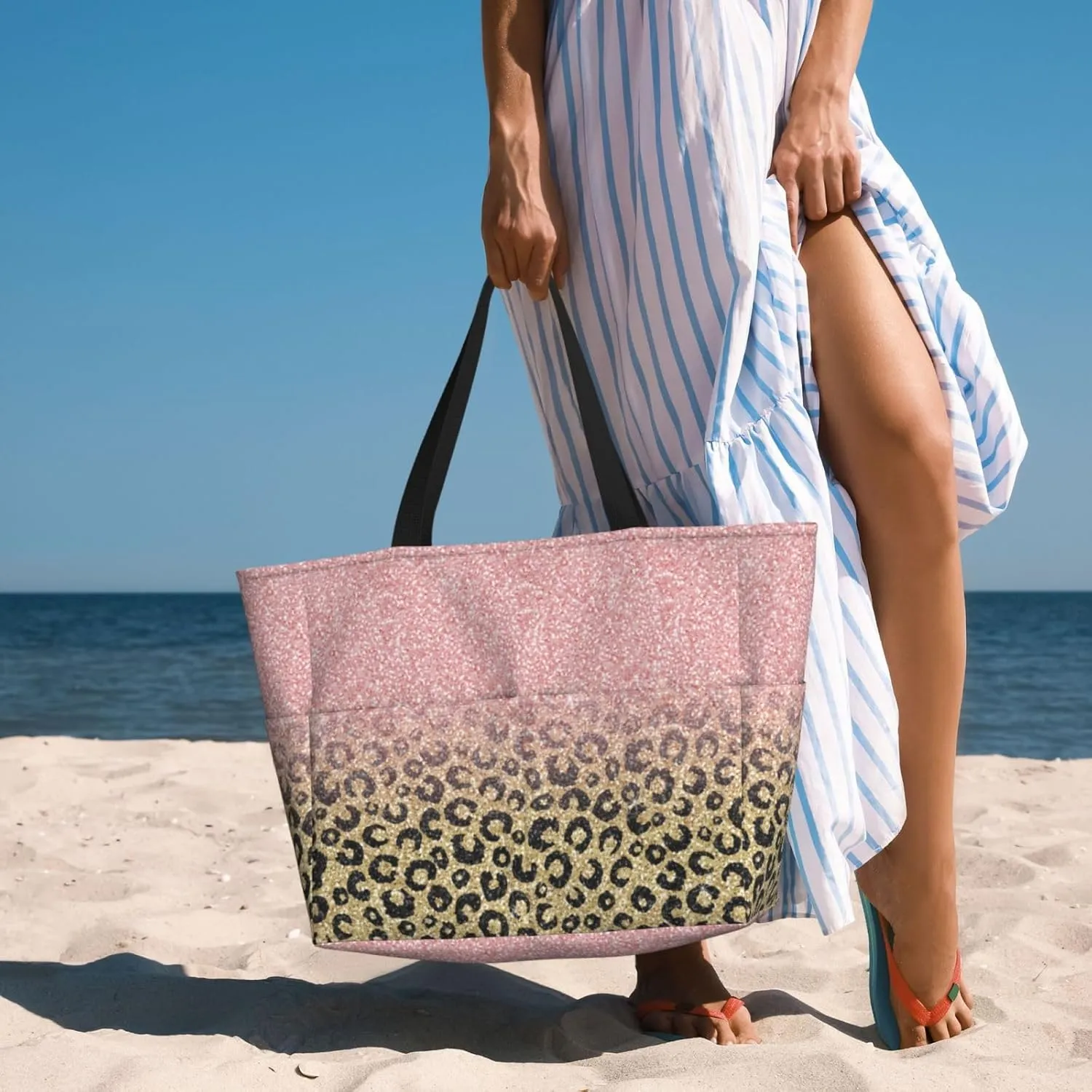 Large Beach Bag For Women Waterproof Foldable Travel Shoulder Tote Bag With Pocket For Weekender Pool Vacation