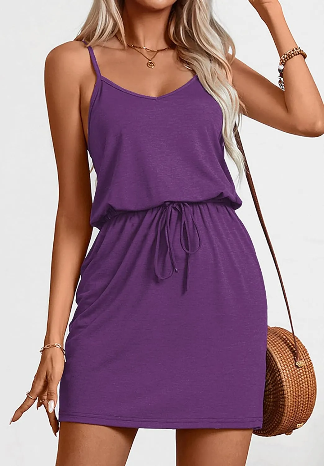 levaca Womens Summer Dress Spaghetti Straps Tie Waist Casual Beach Cover Up Vacation Mini Sundresses