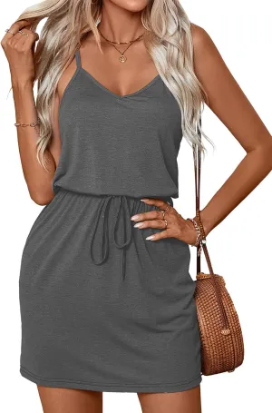 levaca Womens Summer Dress Spaghetti Straps Tie Waist Casual Beach Cover Up Vacation Mini Sundresses