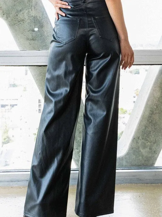 Life is a Party Vegan Leather Wide Leg Pants in Black