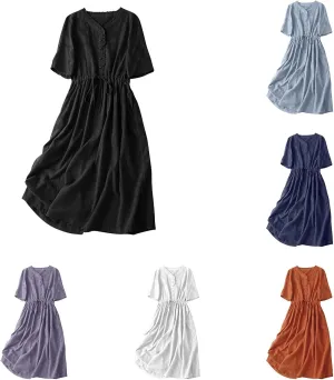 Linen Dresses for Women 2025 Summer Casual Long Maxi Dress Short Sleeve Button Down Shirt Sundresses Boho Beach Dress