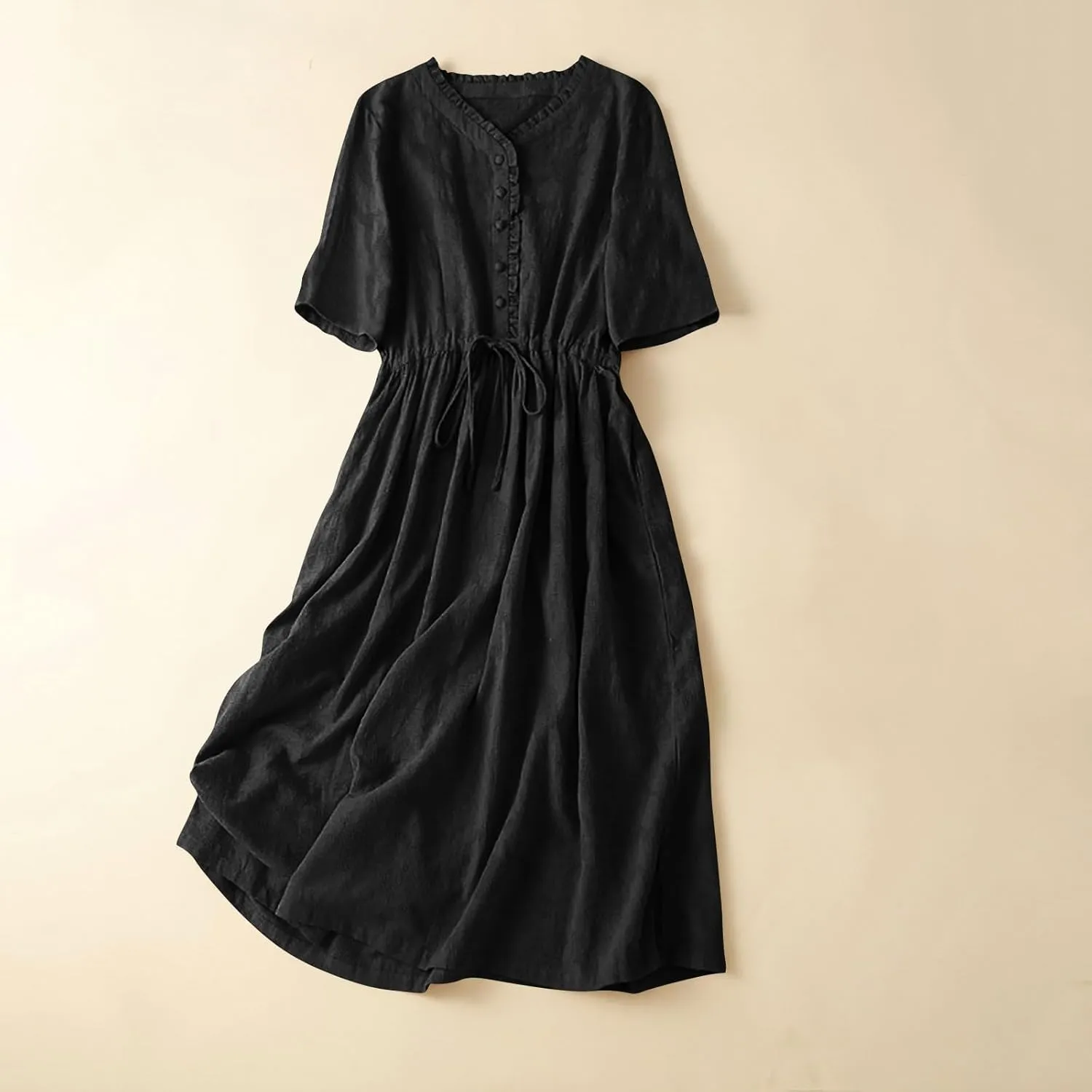 Linen Dresses for Women 2025 Summer Casual Long Maxi Dress Short Sleeve Button Down Shirt Sundresses Boho Beach Dress