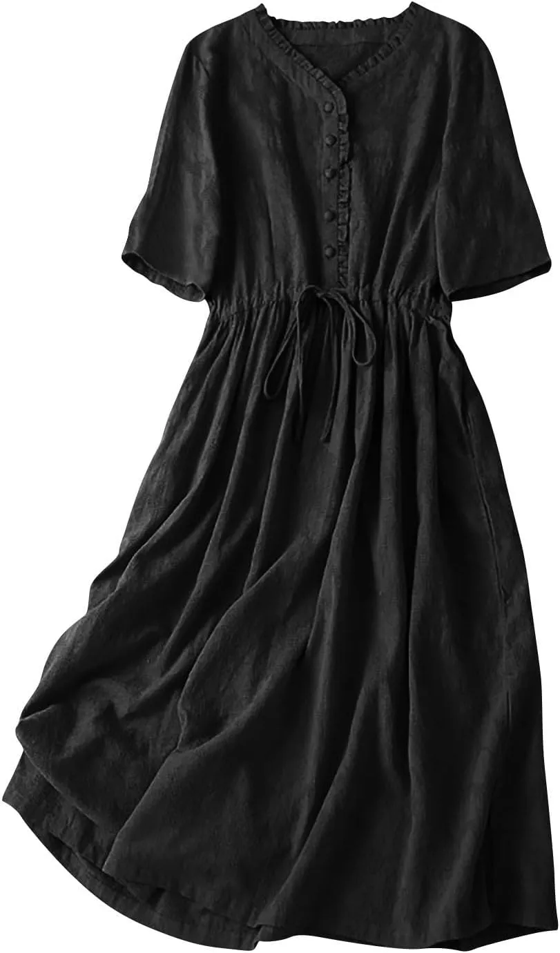 Linen Dresses for Women 2025 Summer Casual Long Maxi Dress Short Sleeve Button Down Shirt Sundresses Boho Beach Dress