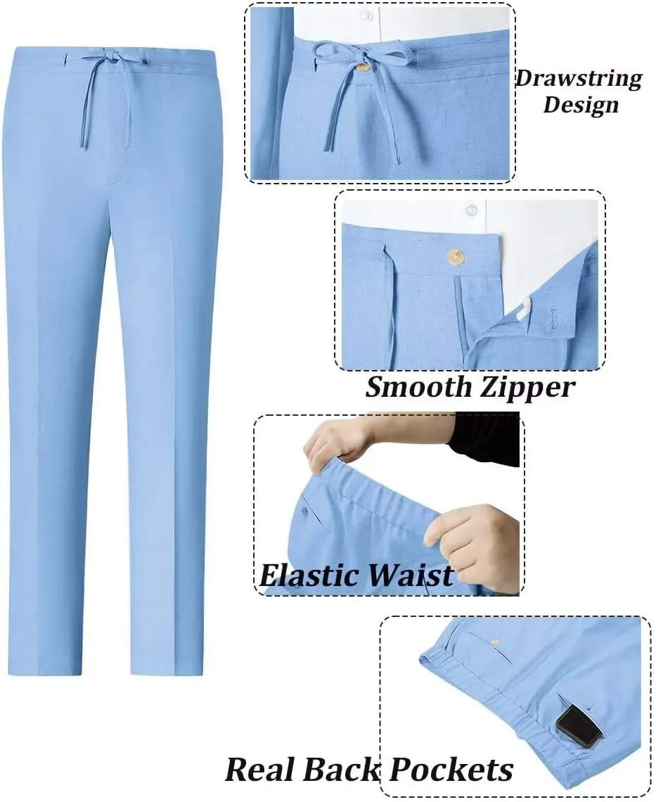 Linen Mens Suit 2 Piece Retro Suits for Men Slim Fit Blazer Jackets Drawstring Pants Set Tux Summer Beach Wedding Outfit