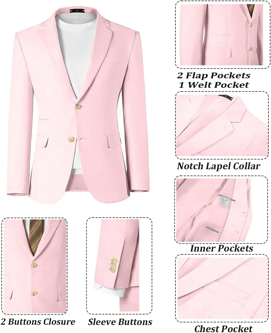 Linen Mens Suit 2 Piece Retro Suits for Men Slim Fit Blazer Jackets Drawstring Pants Set Tux Summer Beach Wedding Outfit