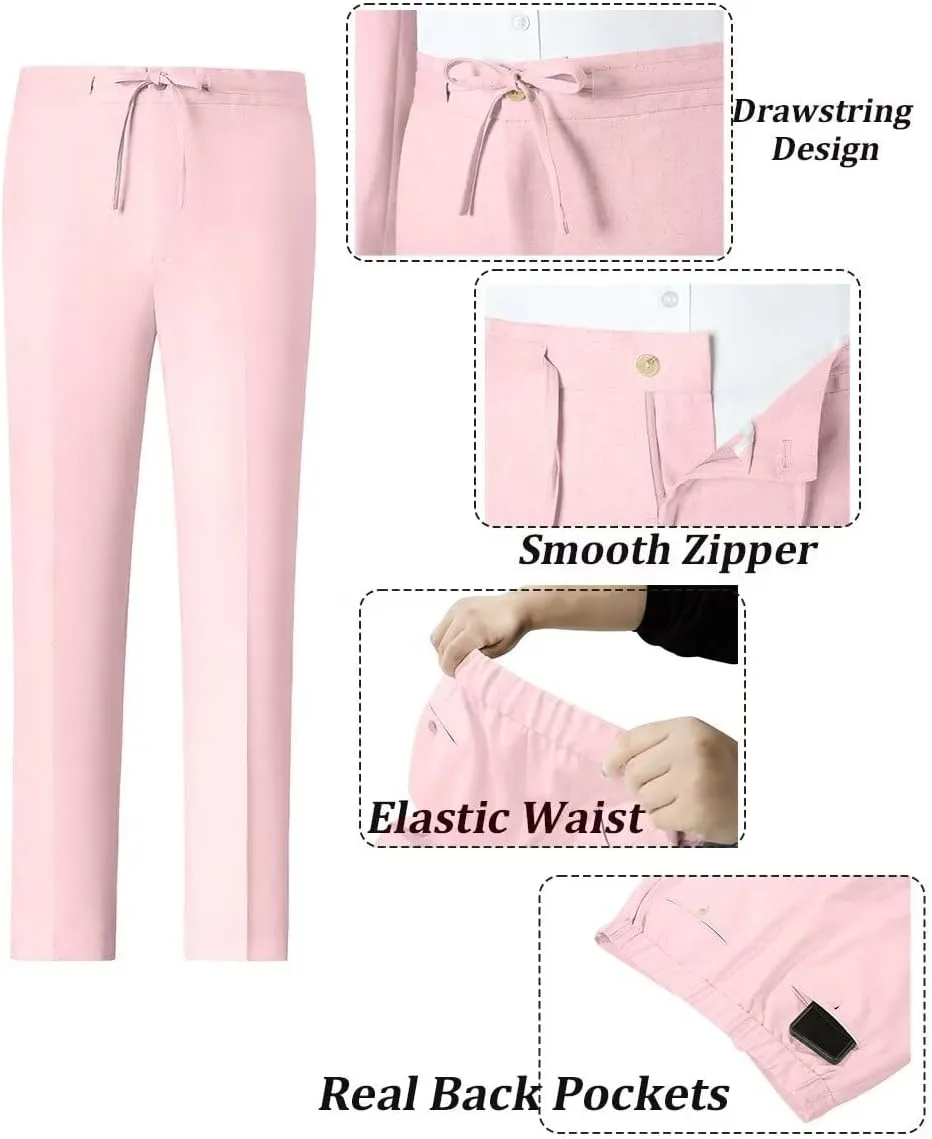 Linen Mens Suit 2 Piece Retro Suits for Men Slim Fit Blazer Jackets Drawstring Pants Set Tux Summer Beach Wedding Outfit