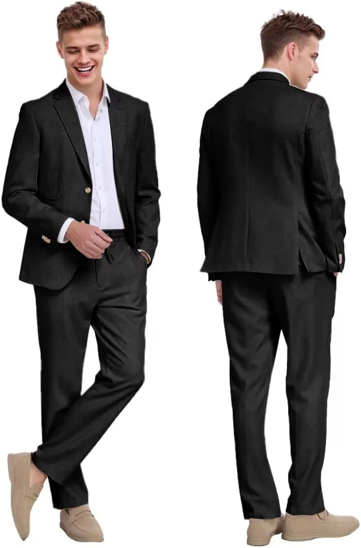 Linen Mens Suit 2 Piece Retro Suits for Men Slim Fit Blazer Jackets Drawstring Pants Set Tux Summer Beach Wedding Outfit