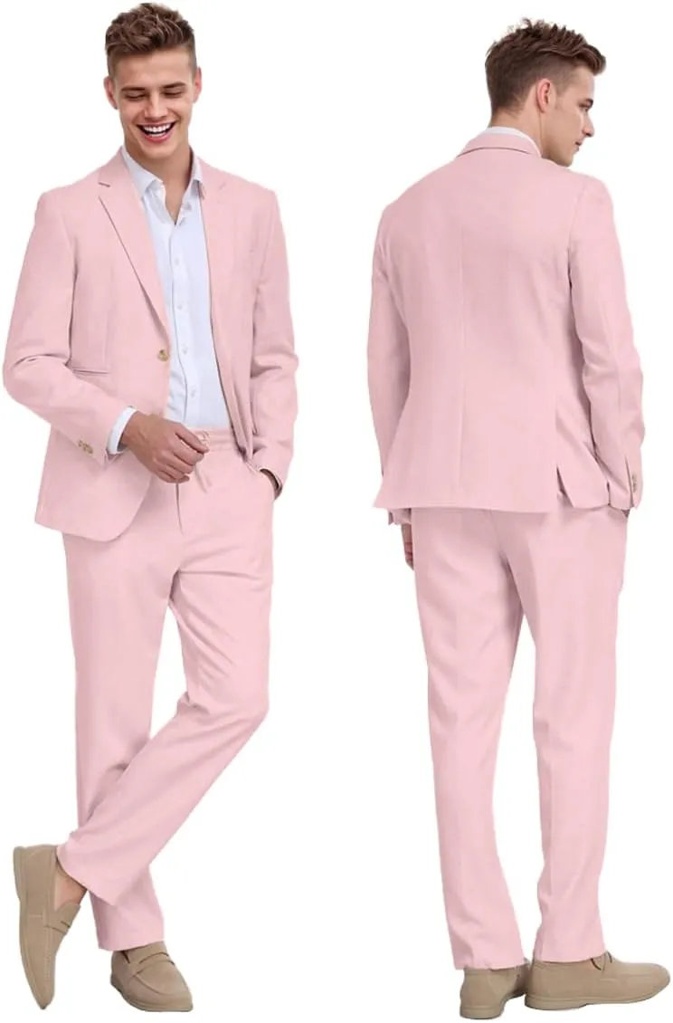 Linen Mens Suit 2 Piece Retro Suits for Men Slim Fit Blazer Jackets Drawstring Pants Set Tux Summer Beach Wedding Outfit