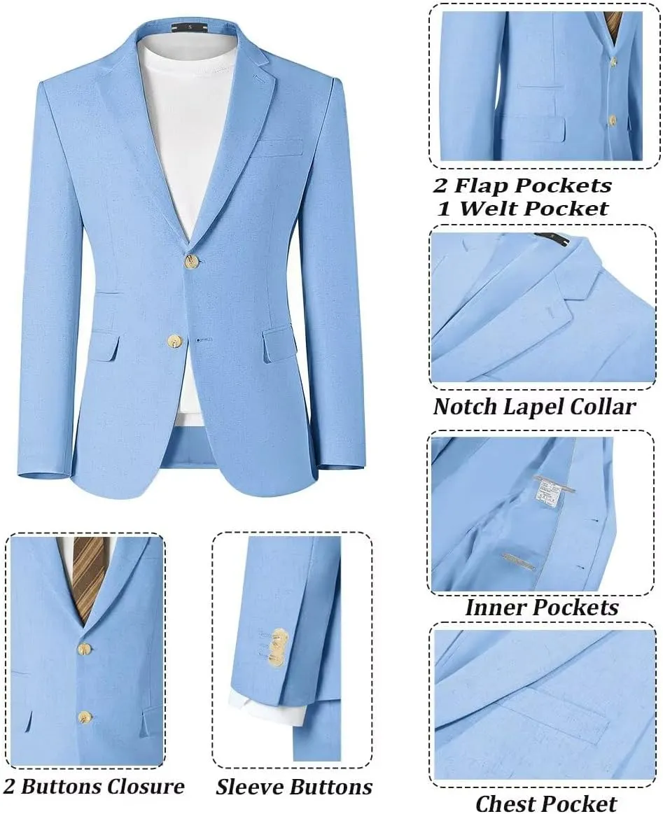 Linen Mens Suit 2 Piece Retro Suits for Men Slim Fit Blazer Jackets Drawstring Pants Set Tux Summer Beach Wedding Outfit