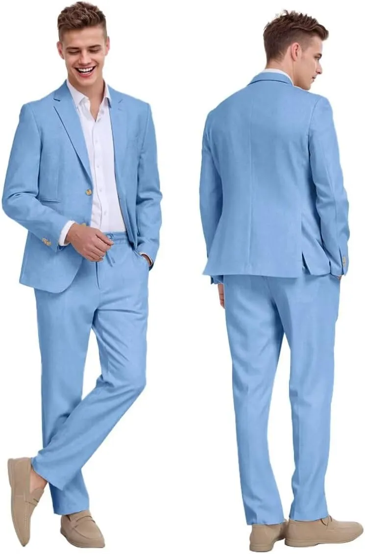 Linen Mens Suit 2 Piece Retro Suits for Men Slim Fit Blazer Jackets Drawstring Pants Set Tux Summer Beach Wedding Outfit