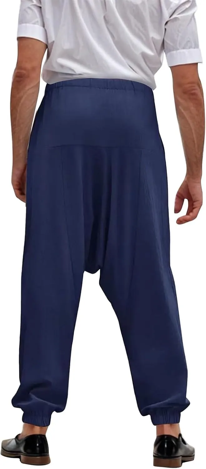 Linen Pants Elastic Waist Drawstring Beach Pants Harem Summer Pants Casual Lightweight Linen Trouser with Pockets