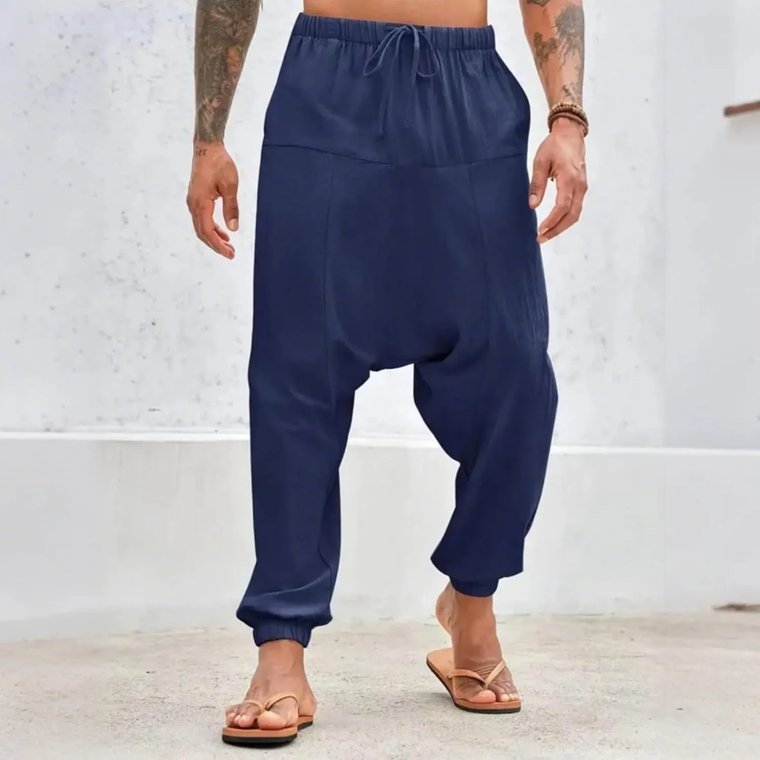 Linen Pants Elastic Waist Drawstring Beach Pants Harem Summer Pants Casual Lightweight Linen Trouser with Pockets