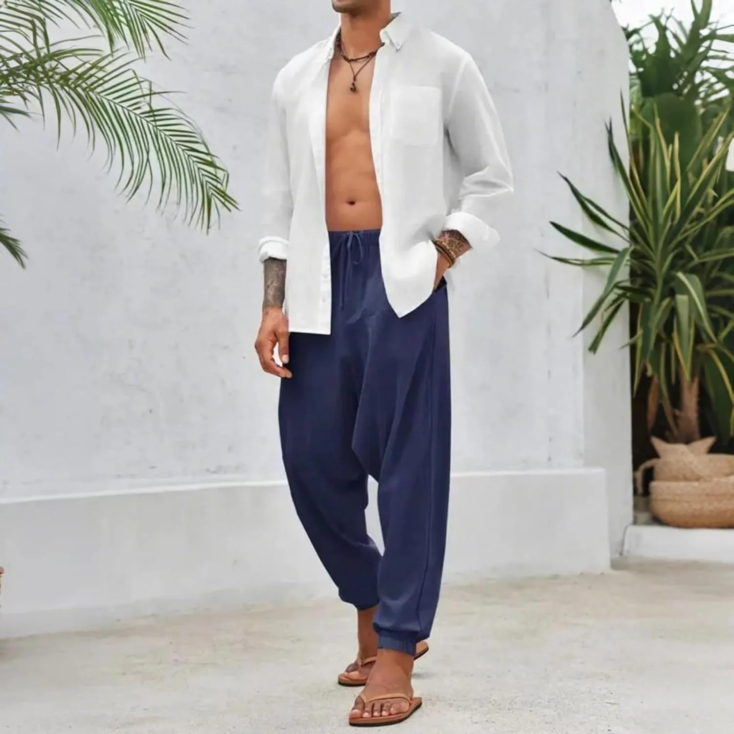 Linen Pants Elastic Waist Drawstring Beach Pants Harem Summer Pants Casual Lightweight Linen Trouser with Pockets