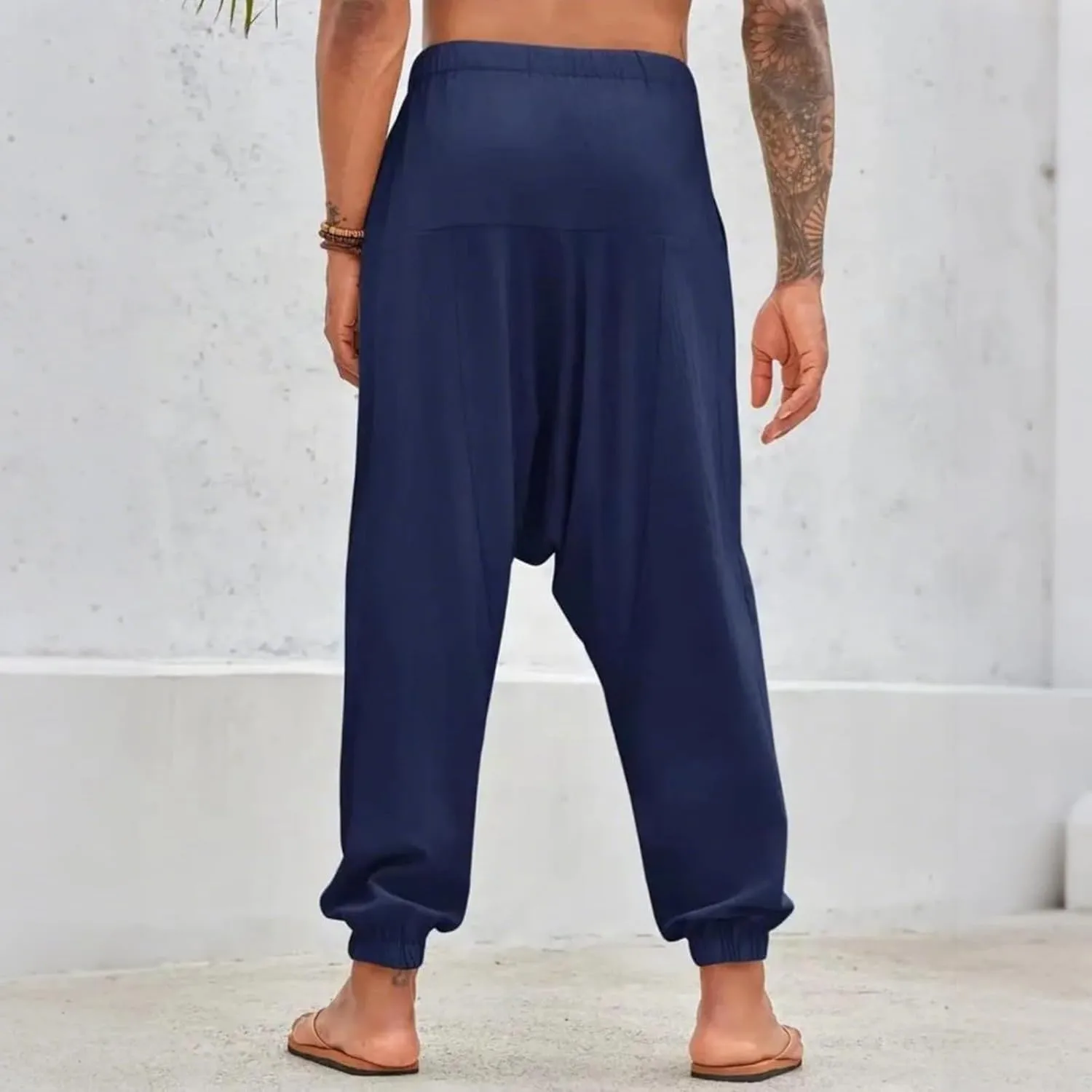 Linen Pants Elastic Waist Drawstring Beach Pants Harem Summer Pants Casual Lightweight Linen Trouser with Pockets