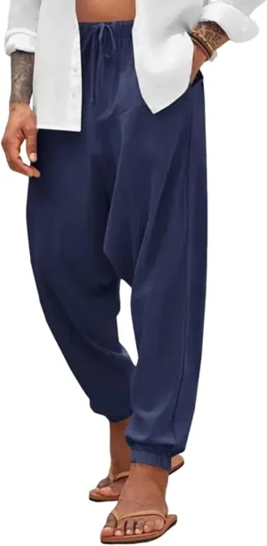 Linen Pants Elastic Waist Drawstring Beach Pants Harem Summer Pants Casual Lightweight Linen Trouser with Pockets