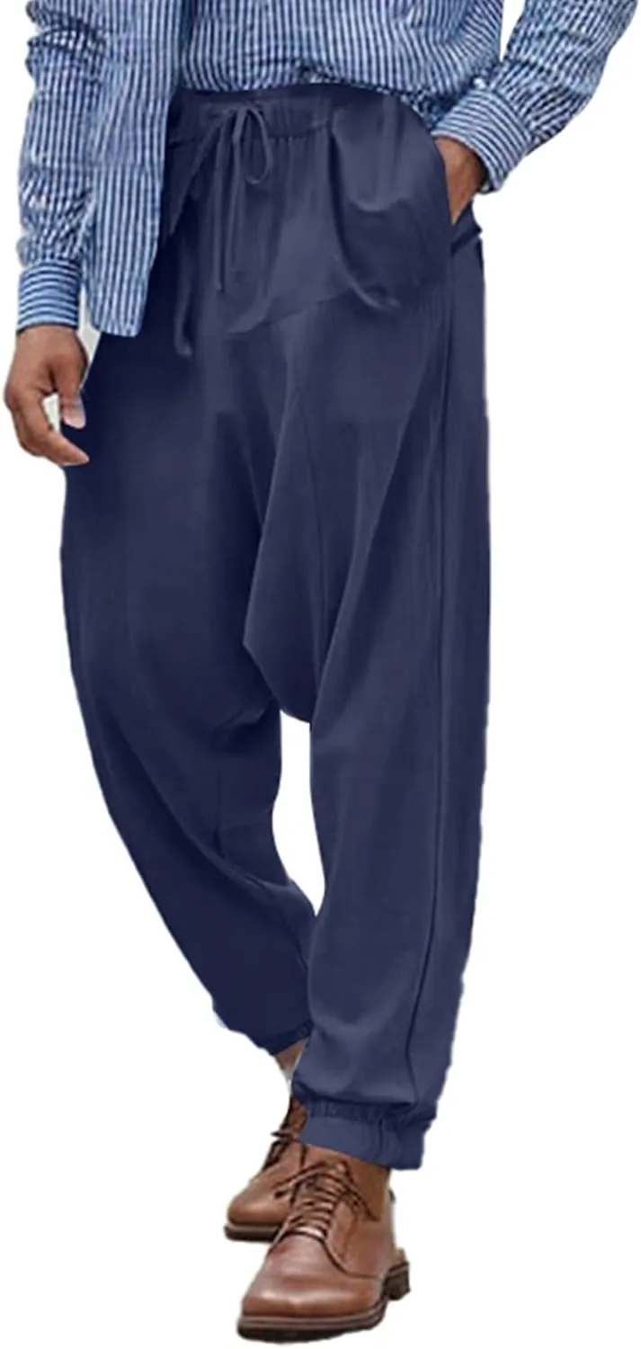 Linen Pants Elastic Waist Drawstring Beach Pants Harem Summer Pants Casual Lightweight Linen Trouser with Pockets