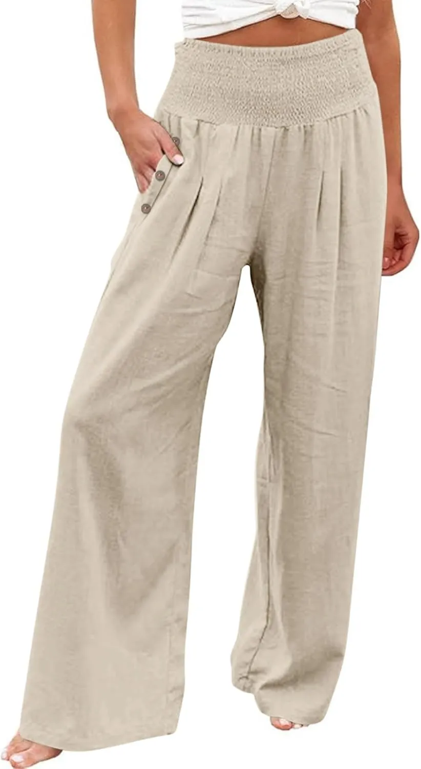 Linen Pants for Women Summer 2025 Casual Drawstring Elastic Waist Long Slacks Wide Leg Pant Lounge Trouser with Pocket