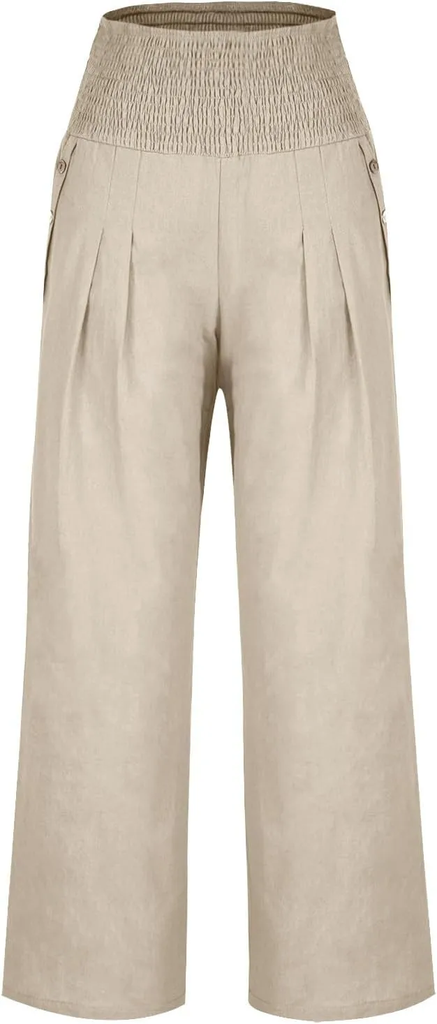 Linen Pants for Women Summer 2025 Casual Drawstring Elastic Waist Long Slacks Wide Leg Pant Lounge Trouser with Pocket