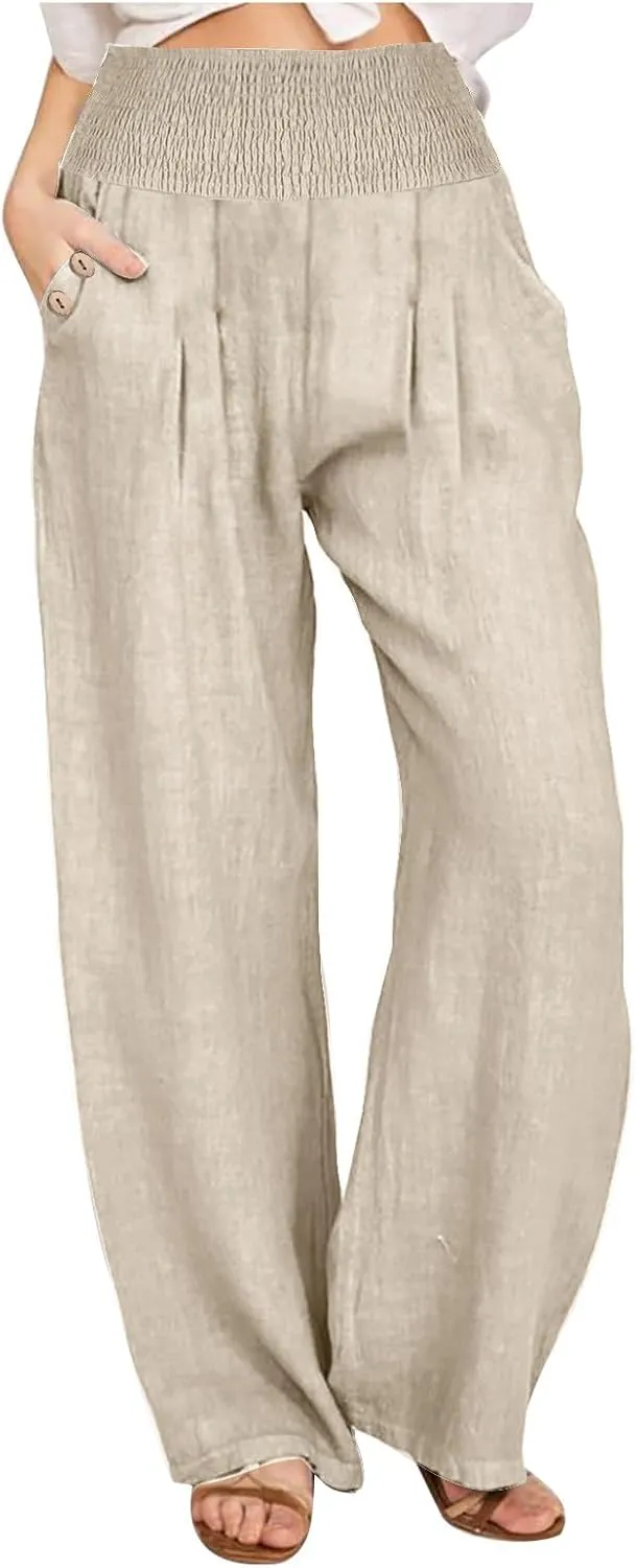 Linen Pants for Women Summer 2025 Casual Drawstring Elastic Waist Long Slacks Wide Leg Pant Lounge Trouser with Pocket