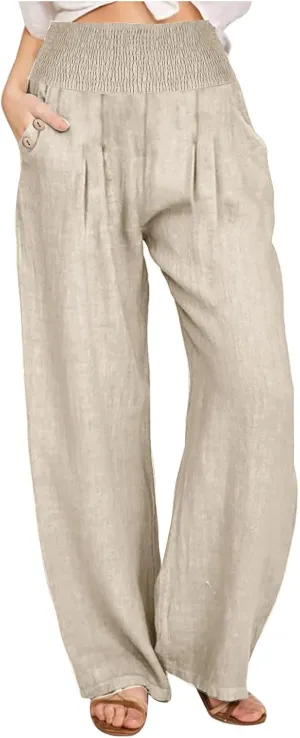Linen Pants for Women Summer 2025 Casual Drawstring Elastic Waist Long Slacks Wide Leg Pant Lounge Trouser with Pocket