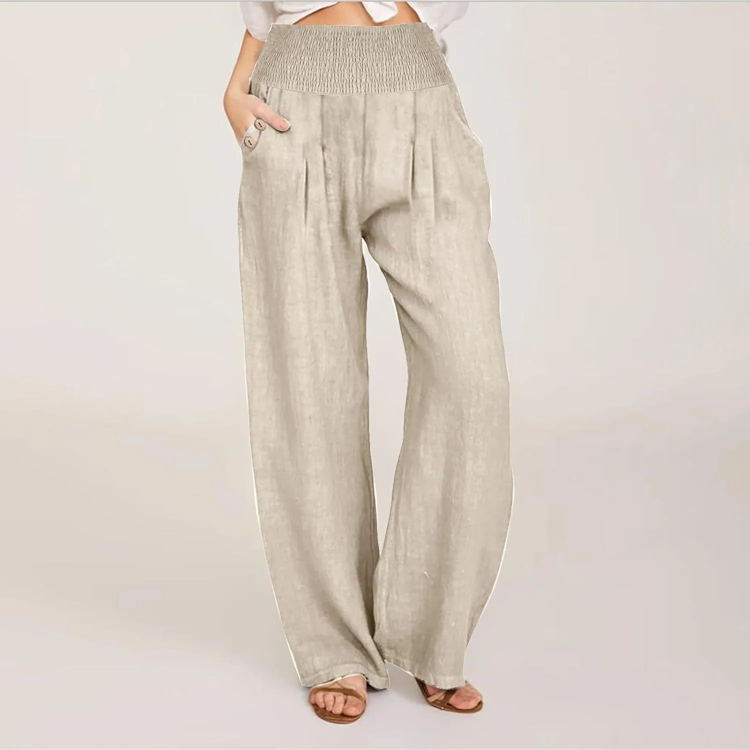 Linen Pants for Women Summer 2025 Casual Drawstring Elastic Waist Long Slacks Wide Leg Pant Lounge Trouser with Pocket