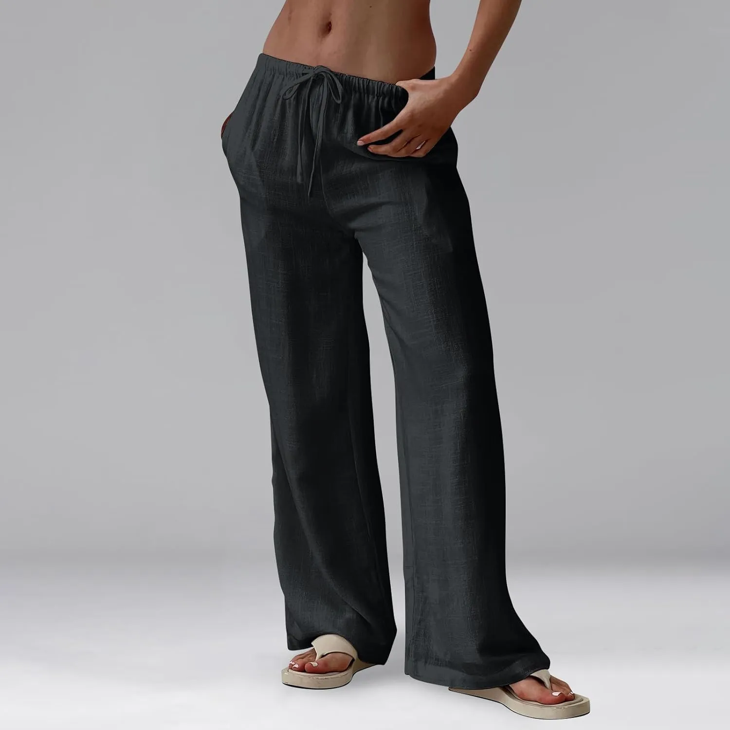 Linen Pants Women Baggy High Waisted Wide Leg Yoga Pants with Pockets Casual Summer Beach Vacation Trousers Pants