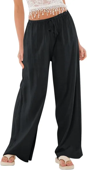 Linen Pants Women Baggy High Waisted Wide Leg Yoga Pants with Pockets Casual Summer Beach Vacation Trousers Pants