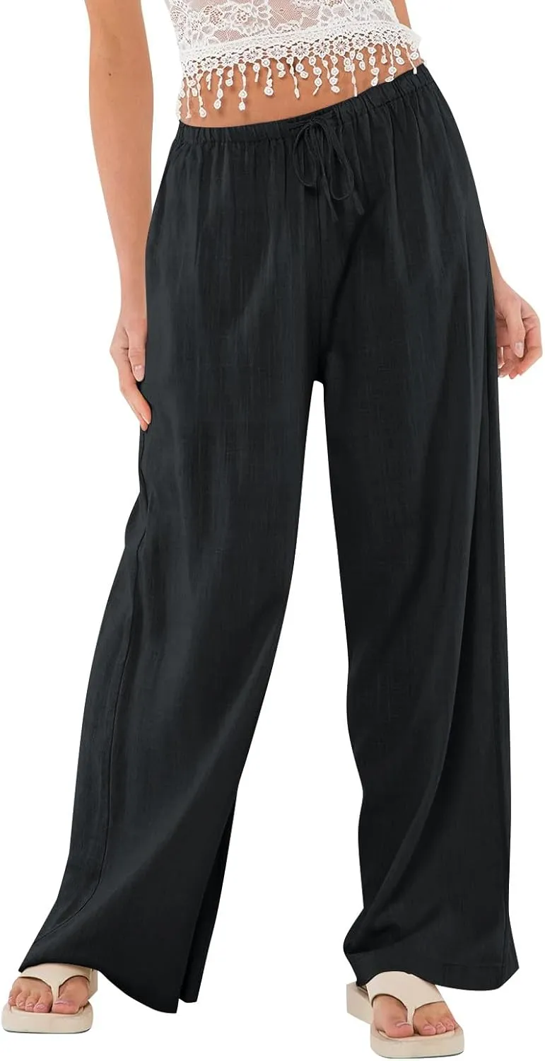 Linen Pants Women Baggy High Waisted Wide Leg Yoga Pants with Pockets Casual Summer Beach Vacation Trousers Pants