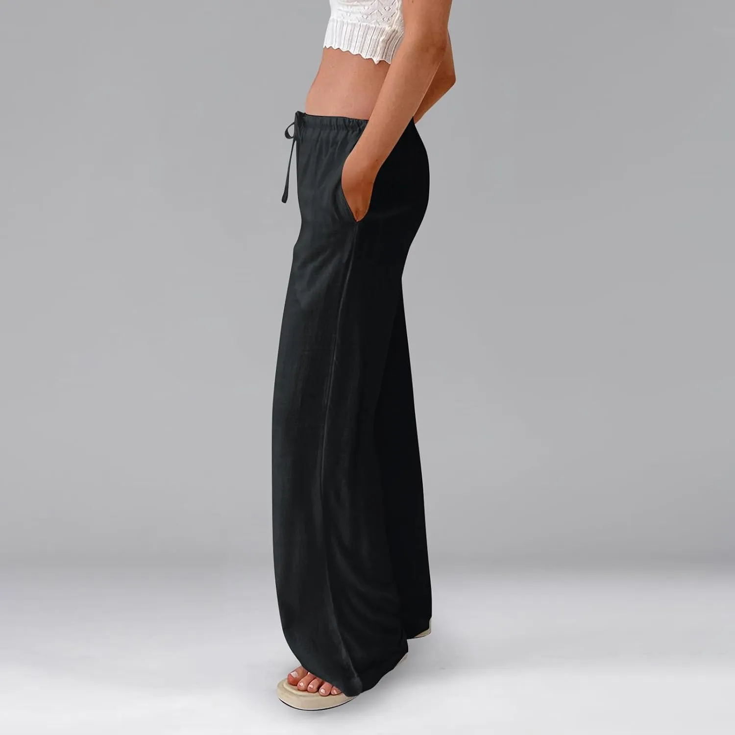 Linen Pants Women Baggy High Waisted Wide Leg Yoga Pants with Pockets Casual Summer Beach Vacation Trousers Pants