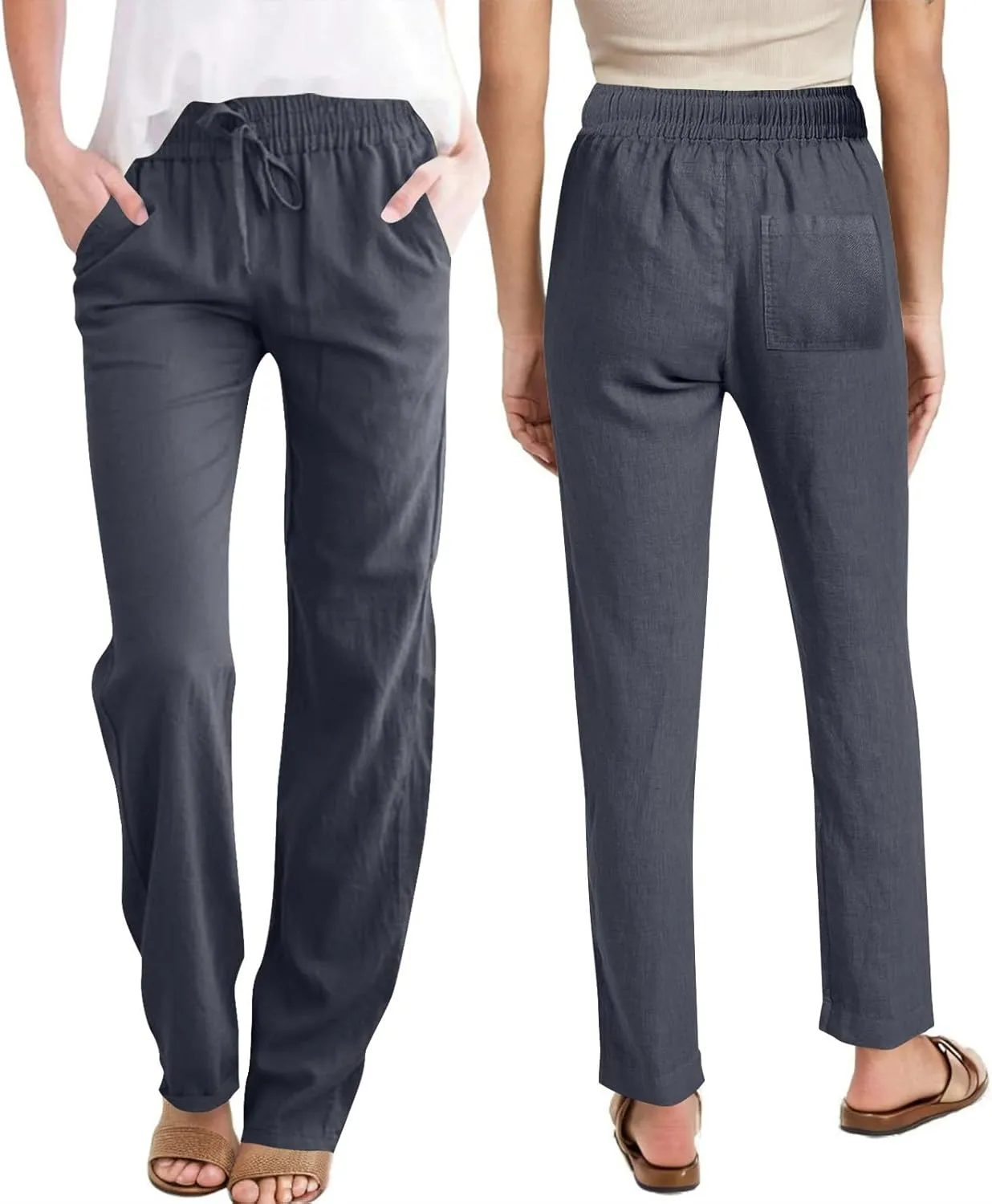 Linen Pants Women High Waist Linen Trousers Drawstring Waist Casual Pants Summer Vacation Beach Long Pant with Pockets