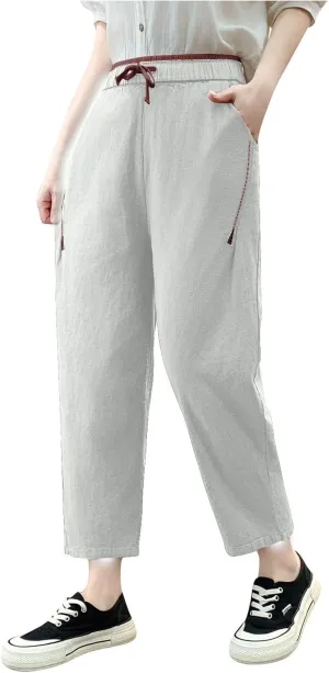 Linen Pants Women High Waist Pants Drawstring Elastic Waist Pant Straight Leg Beach Vacation Trousers 2025 Outfits