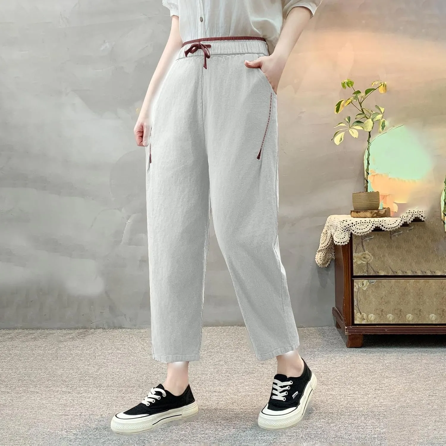 Linen Pants Women High Waist Pants Drawstring Elastic Waist Pant Straight Leg Beach Vacation Trousers 2025 Outfits