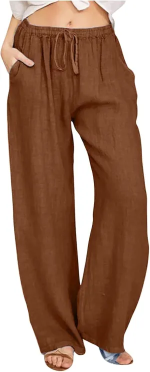 Linen Pants Women Summer Wide Leg Linen Pants Drawstring Elastic Waist Pants Casual Loose Fit Work Pants Linen Trouser