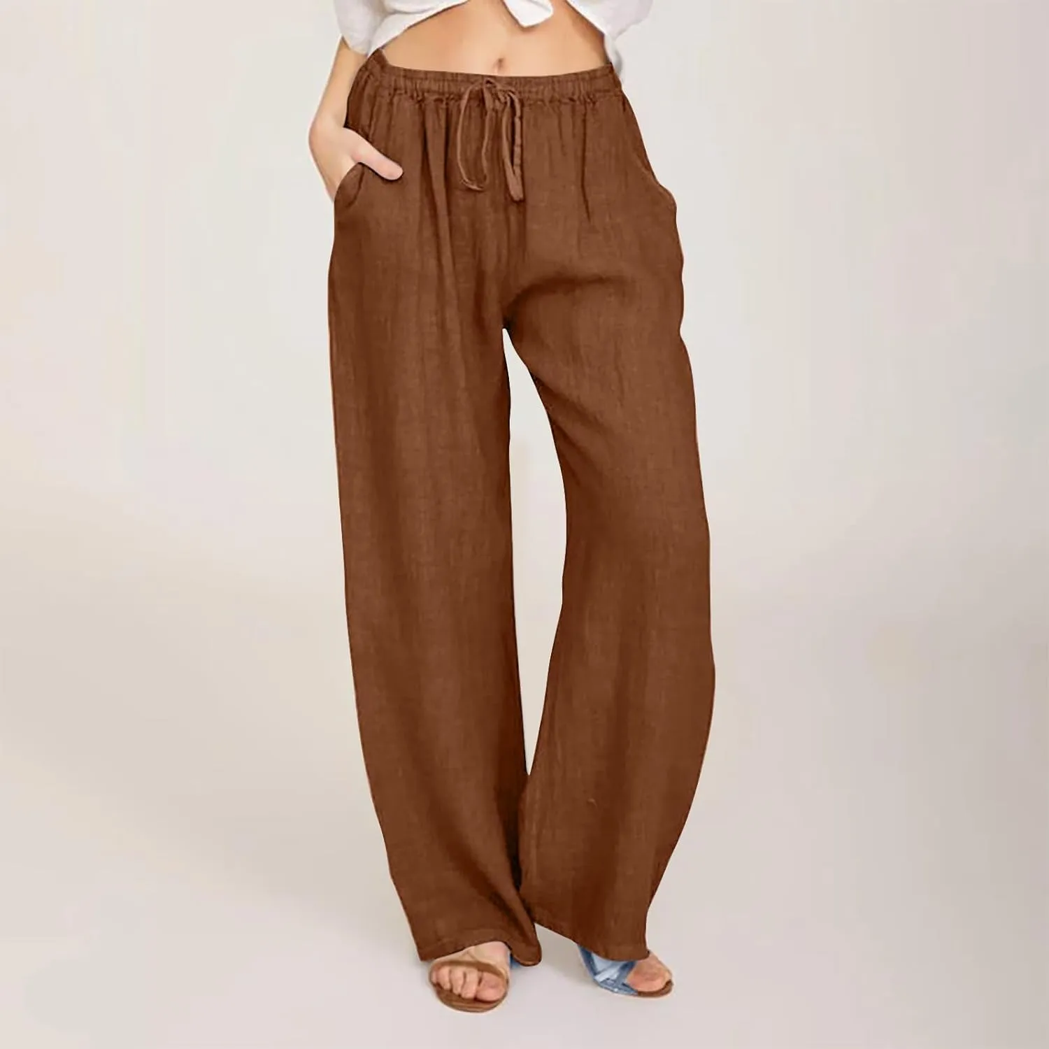 Linen Pants Women Summer Wide Leg Linen Pants Drawstring Elastic Waist Pants Casual Loose Fit Work Pants Linen Trouser