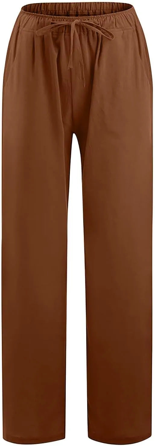 Linen Pants Women Summer Wide Leg Linen Pants Drawstring Elastic Waist Pants Casual Loose Fit Work Pants Linen Trouser