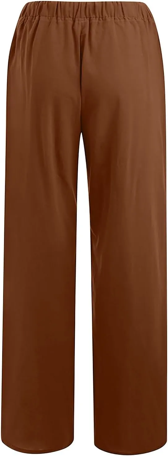 Linen Pants Women Summer Wide Leg Linen Pants Drawstring Elastic Waist Pants Casual Loose Fit Work Pants Linen Trouser