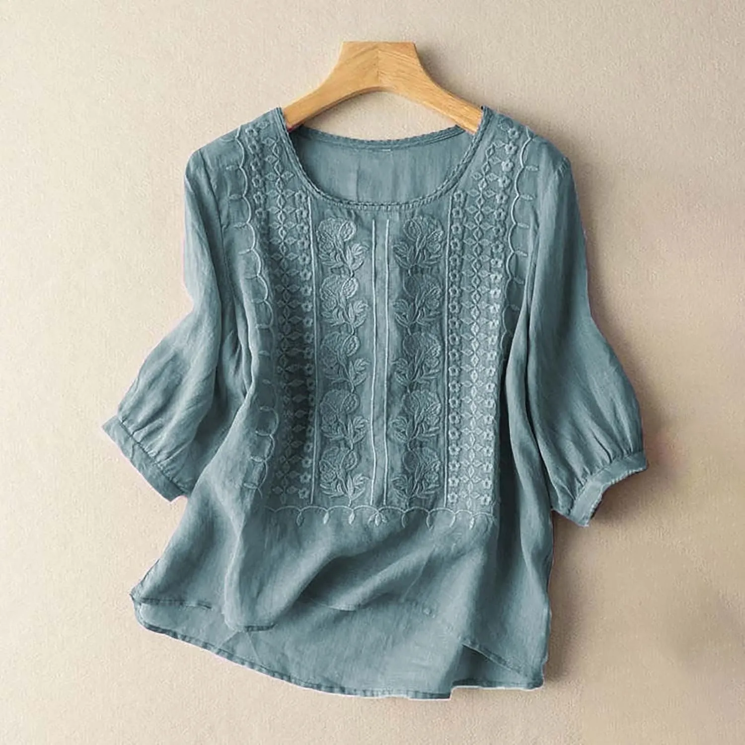 Linen Shirts for Women Summer 2025 Retro Embroidered 3/4 Sleeve Boho Tops Dressy Casual Blouses Teacher Loose Tunics