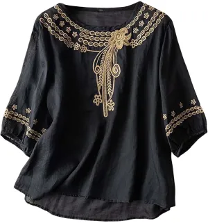 Linen Shirts for Women Summer 2025 Retro Embroidered 3/4 Sleeve Boho Tops Dressy Casual Blouses Teacher Loose Tunics