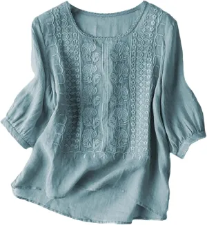 Linen Shirts for Women Summer 2025 Retro Embroidered 3/4 Sleeve Boho Tops Dressy Casual Blouses Teacher Loose Tunics