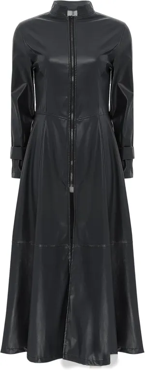 Linjinx Women's Faux Leather Jacket Trench Coat Steampunk Vintage Full Zipper Ankle Length Dress